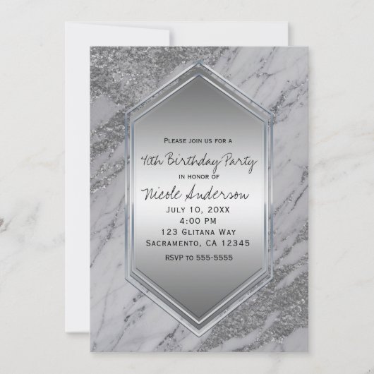 シルバーグリッター大理石バースデーパーティエディイベント 招待状 (正面)