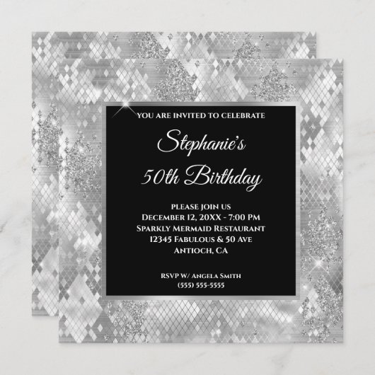 シルバーグリッター抽象芸術スネークグラム誕生日 招待状 (正面/裏面)