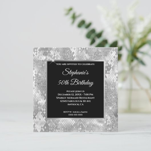 シルバーグリッター抽象芸術スネークグラム誕生日 招待状 (スタンド正面)