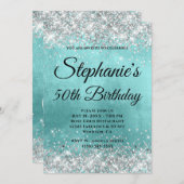 シルバーグリッター淡い色のアクアブルーフォイルモノグラファンシーム 招待状 (正面/裏面)
