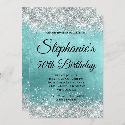 シルバーグリッター淡い色のアクアブルーフォイルモノグラファンシーム 招待状 (正面/裏面)