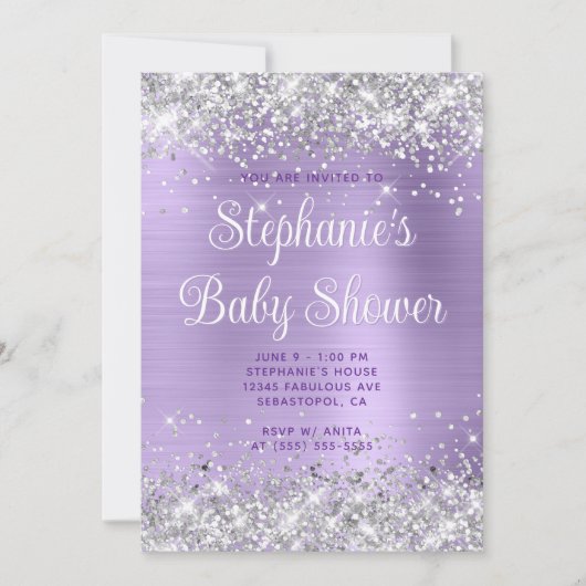 シルバーグリッター淡い色のパープルベビーシャワー 招待状 (正面)