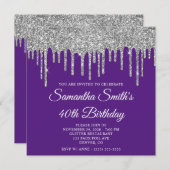 シルバーグリッター王室のドリップスパープル40歳の誕生日 招待状 (正面/裏面)