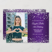 シルバーグリッター王室のパープルフォト18誕生日 招待状 (正面/裏面)