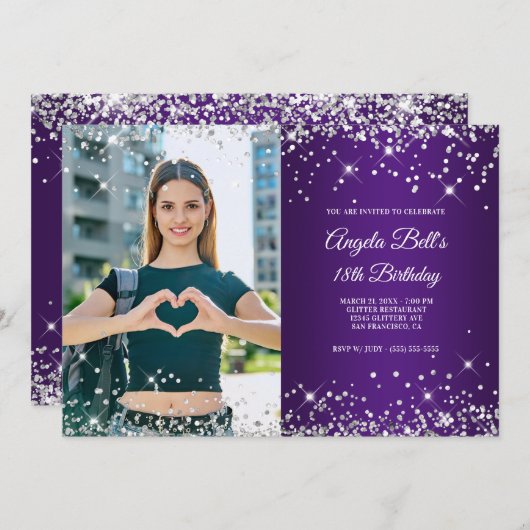 シルバーグリッター王室のパープルフォト18誕生日 招待状 (正面/裏面)