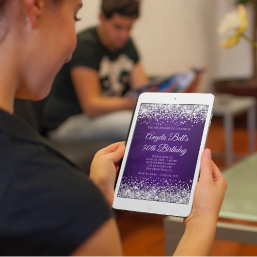 シルバーグリッター王室のパープルモノグラム50誕生日 招待状