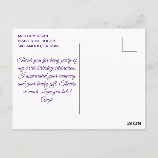 シルバーグリッター王室のパープル誕生日サンキュー ポストカード (裏面)