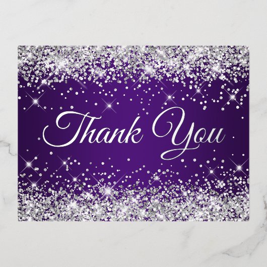 シルバーグリッター王室のパープル誕生日サンキュー 箔招待状ポストカード (正面)