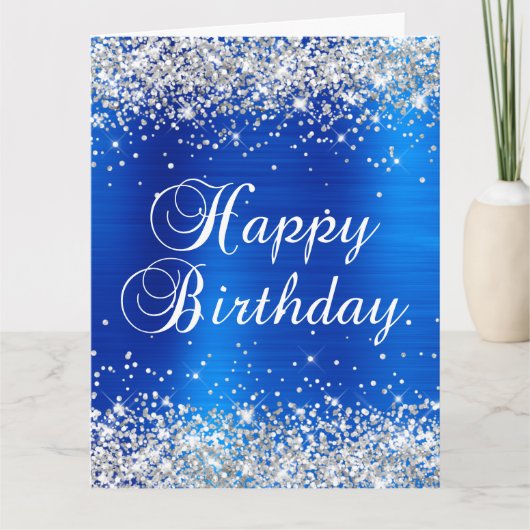 シルバーグリッター王室のブルービッグハッピーバースデー カード (正面)