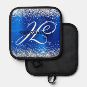 シルバーグリッター王室のブルーフォイルファンシーモノグラム 鍋敷き (正面/裏面)