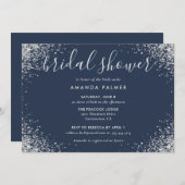 シルバーグリッター紙吹雪ネイビーブルーブライダルシャワー 招待状 (正面/裏面)