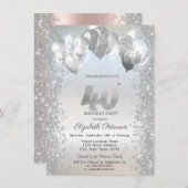 シルバーグリッター紙吹雪バルーン40歳の誕生日 招待状 (正面/裏面)