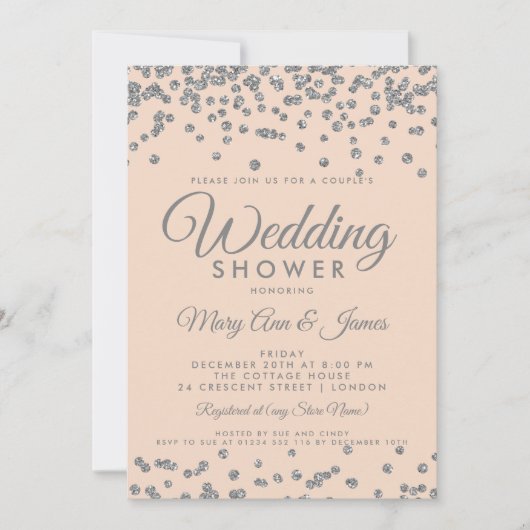 シルバーグリッター紙吹雪赤面カップルズシャワー 招待状 (正面)