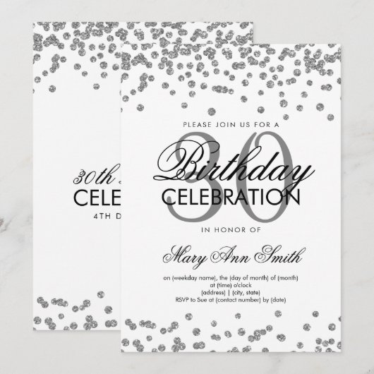 シルバーグリッター紙吹雪30thバースデーホワイト 招待状 (正面/裏面)