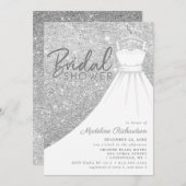 シルバーグリッター結婚ズドレスシックブライダルシャワー 招待状 (正面/裏面)