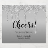 シルバーグリッター結婚ドリップスワインボトル スパークリングワインラベル (シングルラベル)