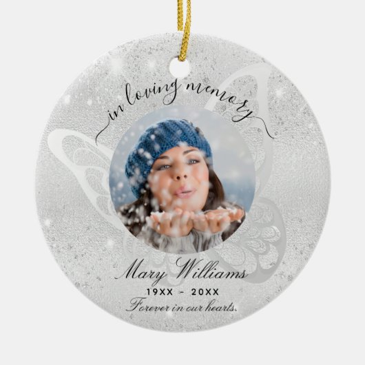 シルバーグリッター蝶の写真記念碑 セラミックオーナメント (正面)