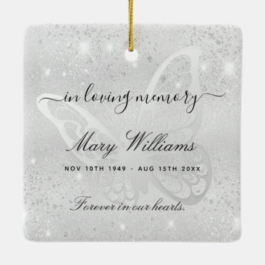 シルバーグリッター蝶の記念碑 セラミックオーナメント (裏面)