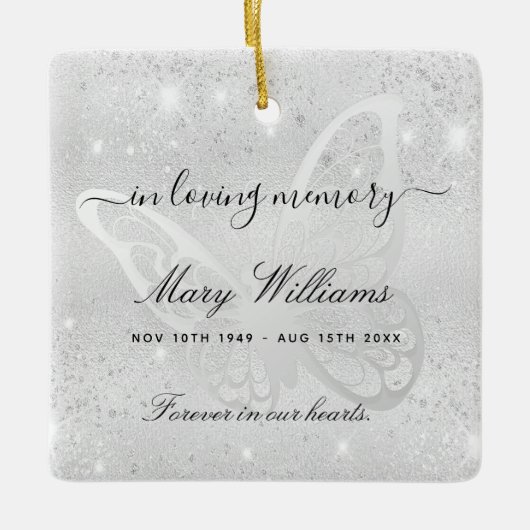 シルバーグリッター蝶の記念碑 セラミックオーナメント (正面)