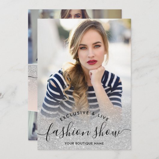 シルバーグリッター赤面スクリプト写真ファッション表示 招待状 (正面/裏面)