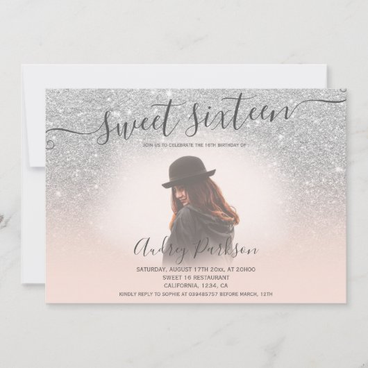シルバーグリッター赤面ピンクシック甘い16写真 招待状 (正面)