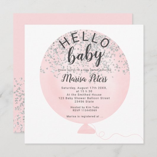 シルバーグリッター赤面ピンクバルーンベビーシャワー 招待状 (正面/裏面)