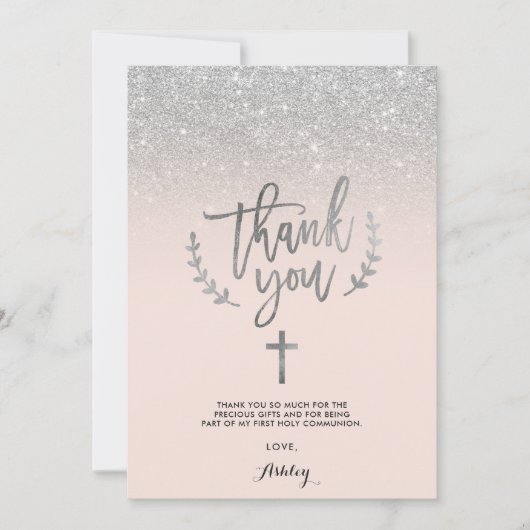シルバーグリッター赤面感謝していお前最初の聖餐式 サンキューカード (正面)