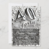 シルバーグリッター鏡エレガント40歳の誕生日パーティー 招待状 (正面)