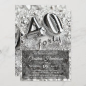 シルバーグリッター鏡エレガント40歳の誕生日パーティー 招待状 (正面/裏面)