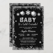 シルバーグリッター雪片ベビー外は寒い 招待状 (正面/裏面)