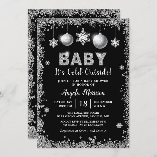 シルバーグリッター雪片ベビー外は寒い 招待状 (正面/裏面)