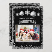 シルバーグリッター雪片メリークリスマスフォト シーズンカード (正面/裏面)