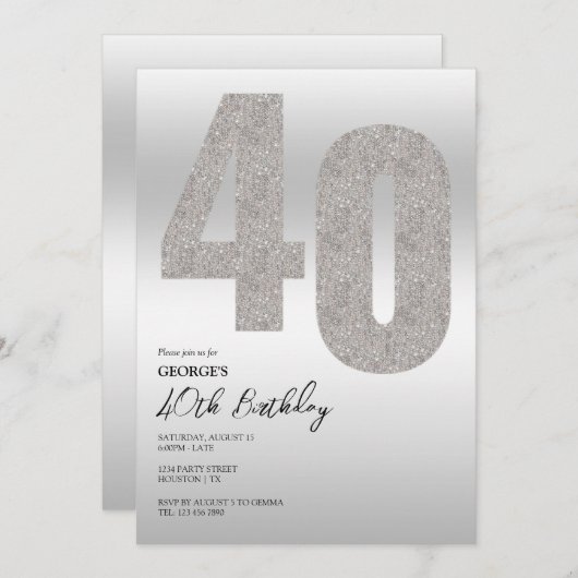 シルバーグリッター40th誕生日パーティの招待状 招待状 (正面/裏面)