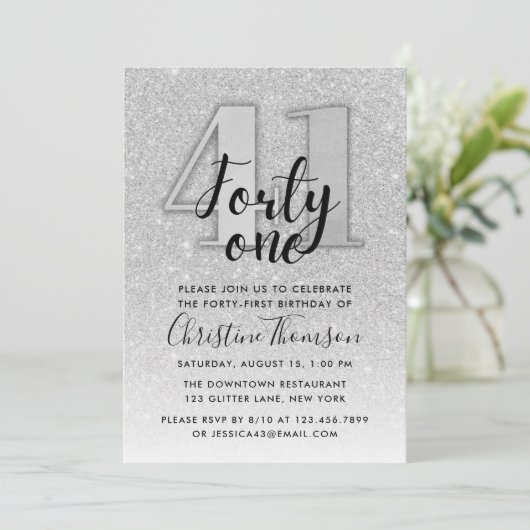 シルバーグリッター41番目の誕生日招待状 招待状 (スタンド正面)