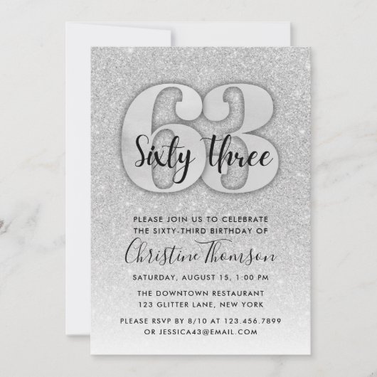 シルバーグリッター63番目の誕生日招待状 招待状 (正面)