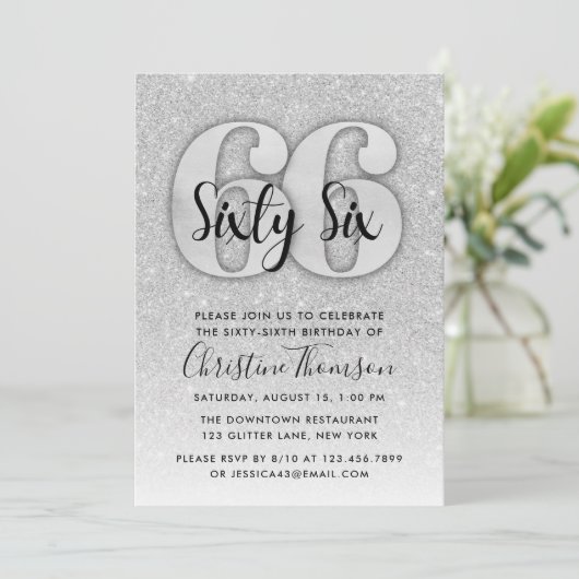 シルバーグリッター66番目の誕生日招待状 招待状 (スタンド正面)
