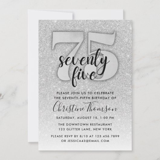 シルバーグリッター75番目の誕生日招待状 招待状 (正面)