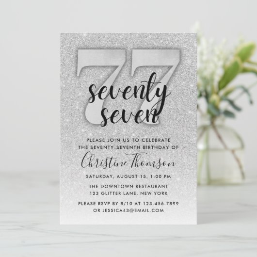 シルバーグリッター77番目の誕生日招待状 招待状 (スタンド正面)
