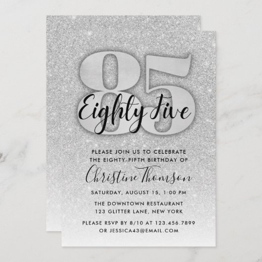 シルバーグリッター85番目の誕生日招待状 招待状 (正面/裏面)