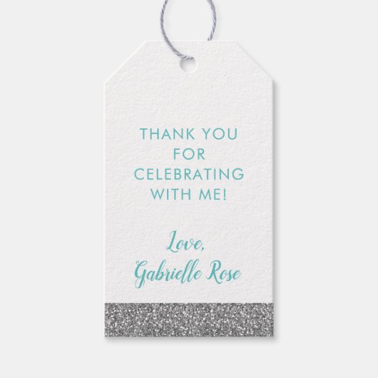 シルバーグリッター&アクアティール（緑がかった色）ブルーメッセージカード ギフトタグ (正面)