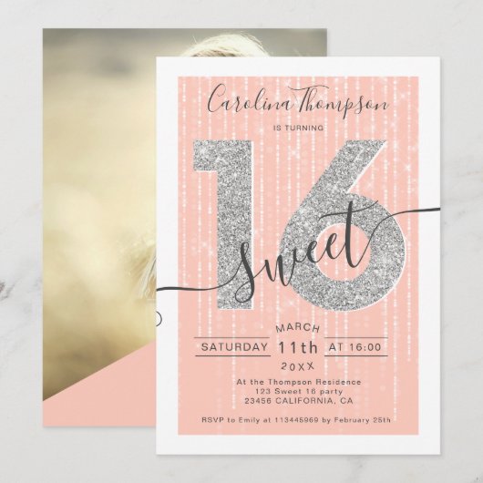 シルバーグリッター スクリプト ピンクのスイート16 フォト 招待状 (正面/裏面)