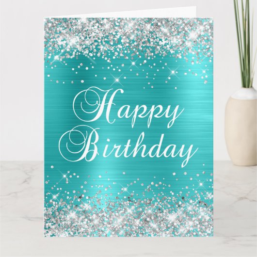 シルバーグリッター ターコイズブルー お誕生日おめでとう カード (正面)