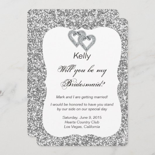 シルバーグリッター ダイヤモンドハートのブライズメイドカード 招待状 (正面/裏面)