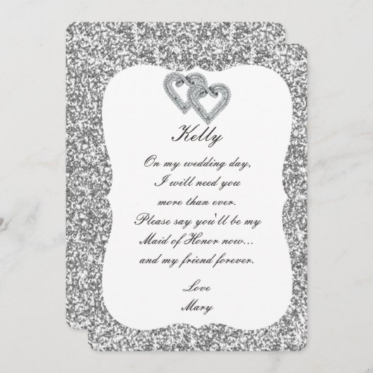 シルバーグリッター ダイヤモンドハート メイドオブオナー カード (正面/裏面)