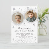 シルバーグリッター ダブル バースデー キッズ フォト 招待状 (スタンド正面)