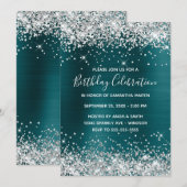 シルバーグリッター ティールブルー ホイル 誕生日 お祝い 招待状 (正面/裏面)
