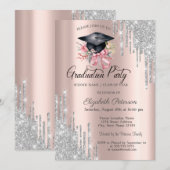 シルバーグリッター ドリップス フローラル グラッド キャップ ローズゴールド 招待状 (正面/裏面)