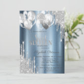 シルバーグリッター ドリップ バルーン ブルー スイート16 招待状 (スタンド正面)