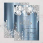 シルバーグリッター ドリップ バルーン ブルー スイート16 招待状 (正面/裏面)