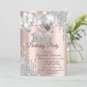 シルバーグリッター ドリップ バルーン 100歳の誕生日パーティー 招待状 (スタンド正面)